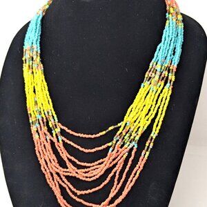 Vintage Seed Bead Southwestern Necklace Graduated Multi Strand Turquoise Coral